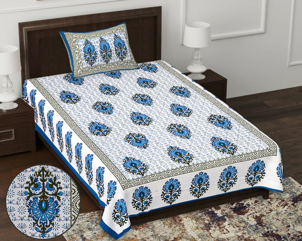Jaipur Sanganeri Cotton Single Bedsheet with Pillow Cover (Buy 1 Get 1 Free)