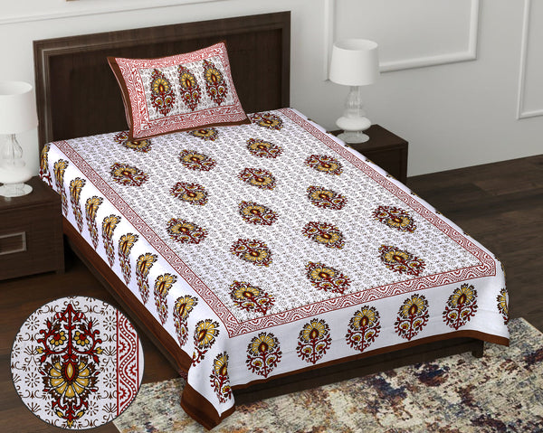 Jaipur Sanganeri Cotton Single Bedsheet with Pillow Cover (Buy 1 Get 1 Free)