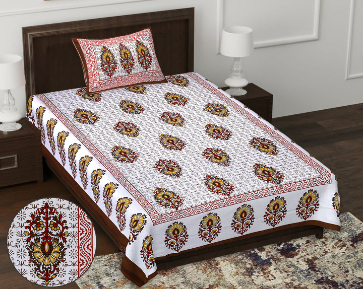 Jaipur Sanganeri Cotton Single Bedsheet with Pillow Cover (Buy 1 Get 1 Free)