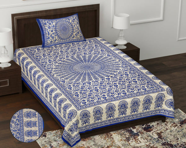 Jaipur Sanganeri Cotton Single Bedsheet with Pillow Cover (Buy 1 Get 1 Free)