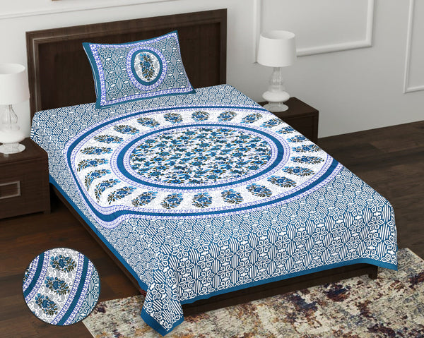 Jaipur Sanganeri Cotton Single Bedsheet with Pillow Cover (Buy 1 Get 1 Free)