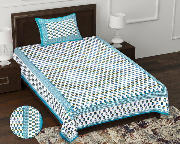 Jaipur Sanganeri Cotton Single Bedsheet with Pillow Cover (Buy 1 Get 1 Free)