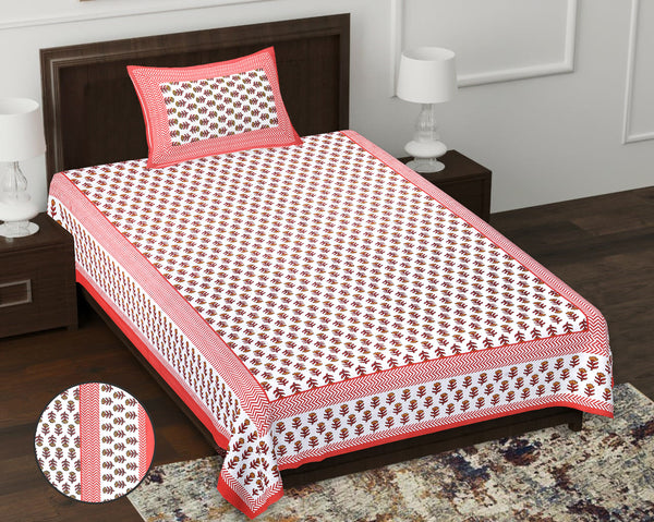 Jaipur Sanganeri Cotton Single Bedsheet with Pillow Cover (Buy 1 Get 1 Free)