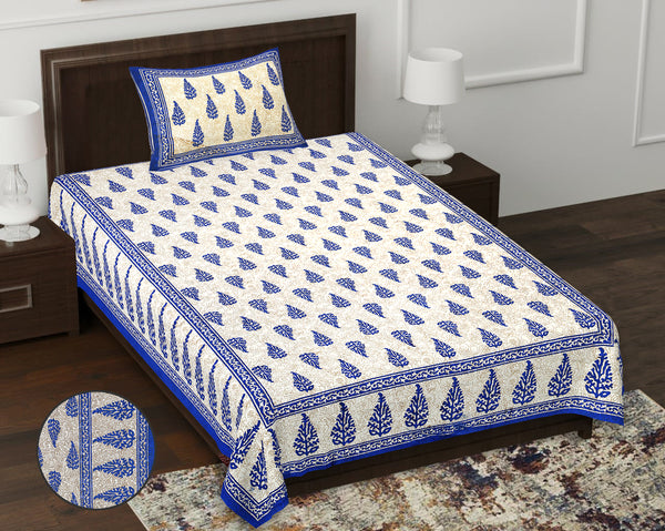 Jaipur Sanganeri Cotton Single Bedsheet with Pillow Cover (Buy 1 Get 1 Free)