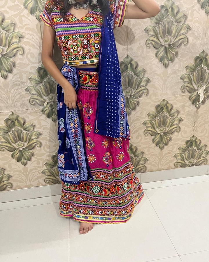 Gujarati Style Colourful Lehenga Choli with Cotton Dupatta – Free Size Blouse