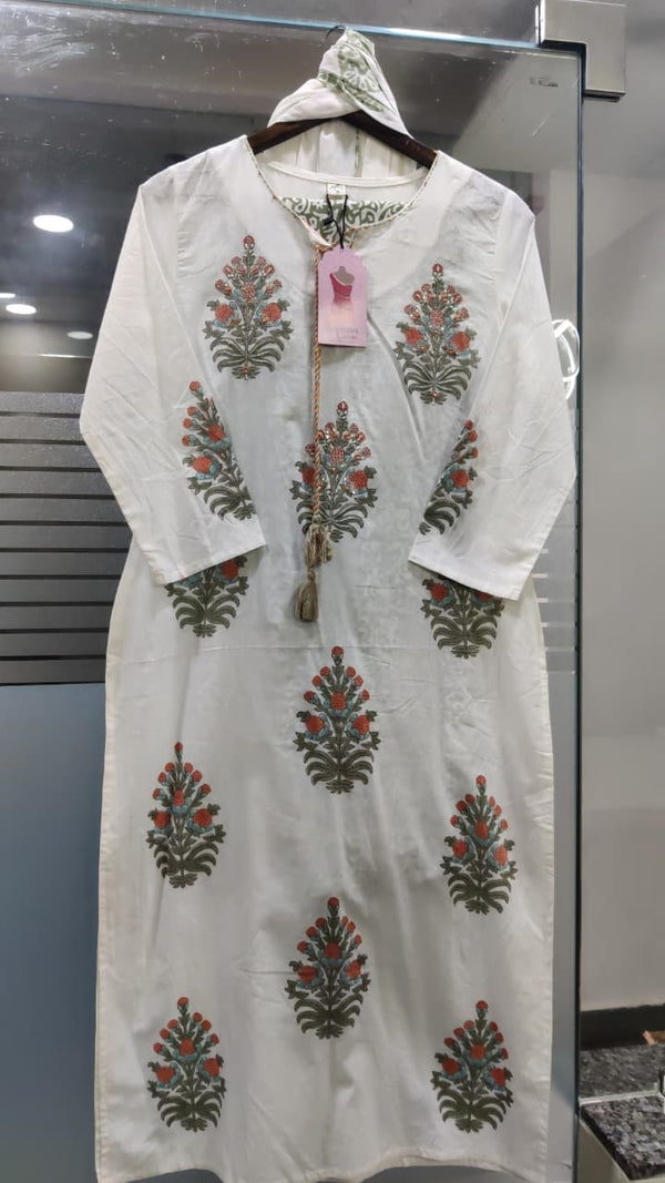 White & Green Straight Kurti with Pant & Dupatta | 100% Cambric Cotton 60x60 | Premium Finish