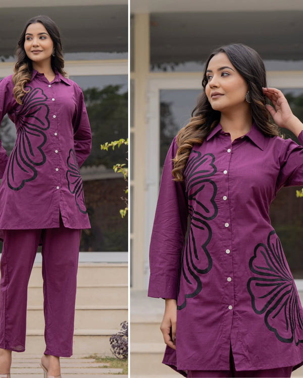 Purple Cotton Cord Set with Exquisite Embroidery | Stylish One-Side Pocket