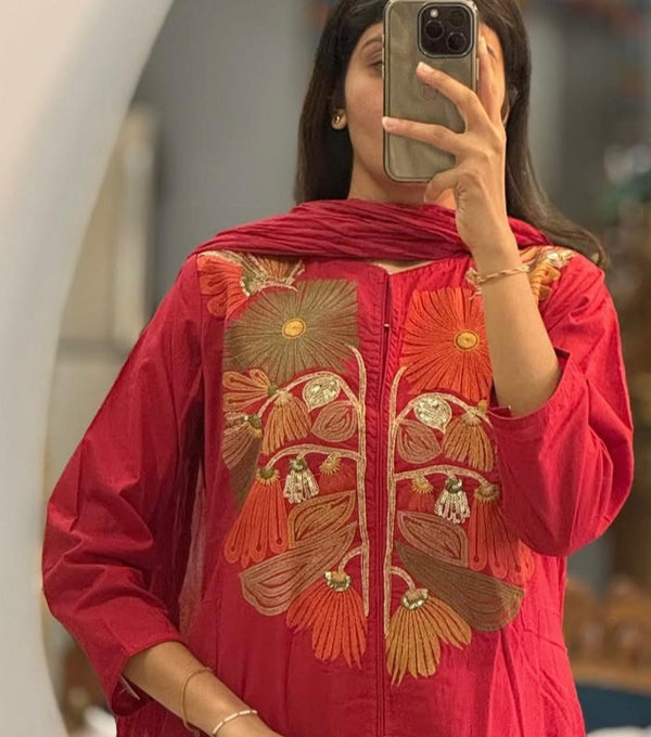 Red Mul Cotton Suit Set for Women | Embroidered Yoke & Floral Detailing | 3-Piece Set