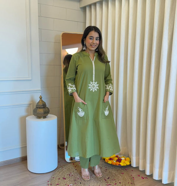 Cotton Kurti with Pant | Full Embroidery & Front Pockets | 3/4 Sleeve | Stitched Set