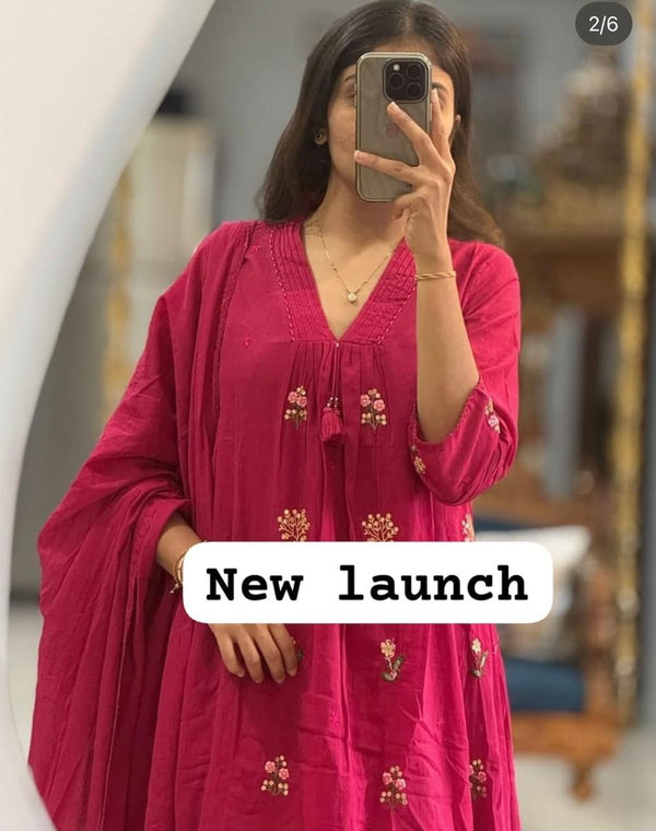 Pure Cotton Pleated Kurta Pant Dupatta Set | Heavy All-Over Embroidery | 3-Piece Suit