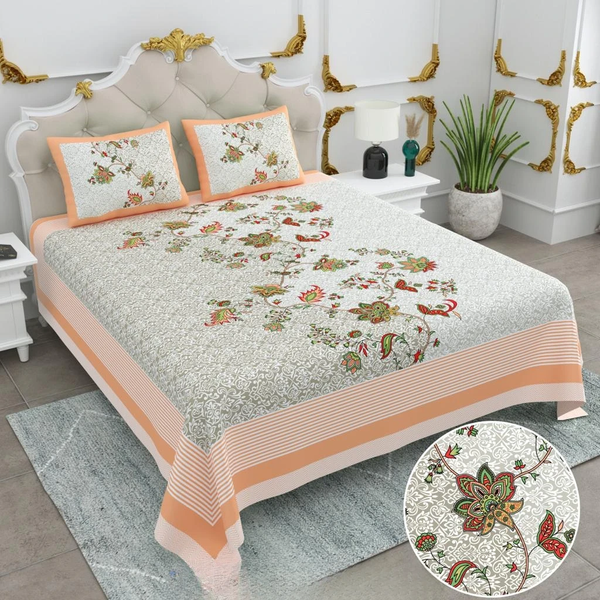 Jaipuri Cotton King Size Double Bed Sheet with 2 Pillow Covers – Basil Floral Print (108x108) - Jaipuri Vibes