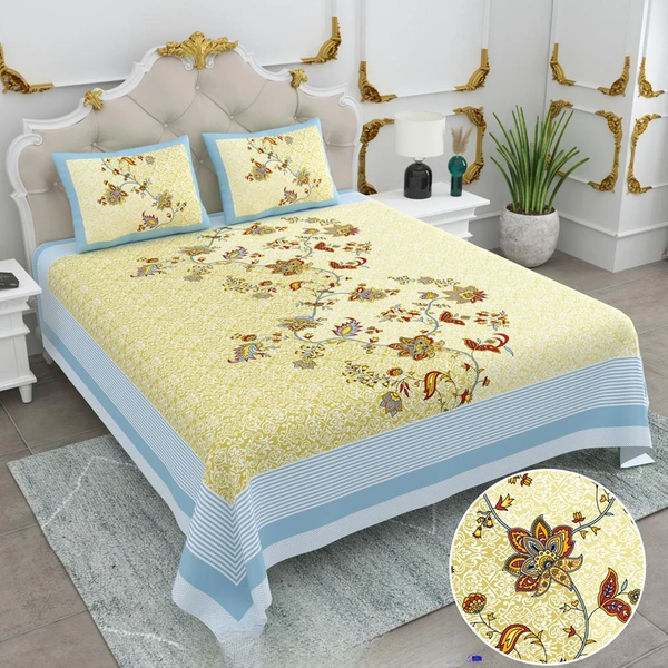 Jaipuri Cotton King Size Double Bed Sheet with 2 Pillow Covers – Basil Floral Print (108x108) - Jaipuri Vibes