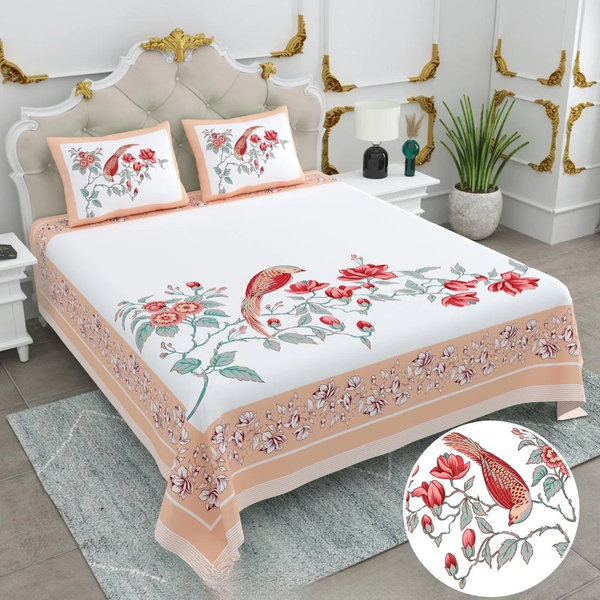 Jaipuri Cotton King Size Double Bed Sheet with 2 Pillow Covers – Basil Floral Print (108x108) - Jaipuri Vibes