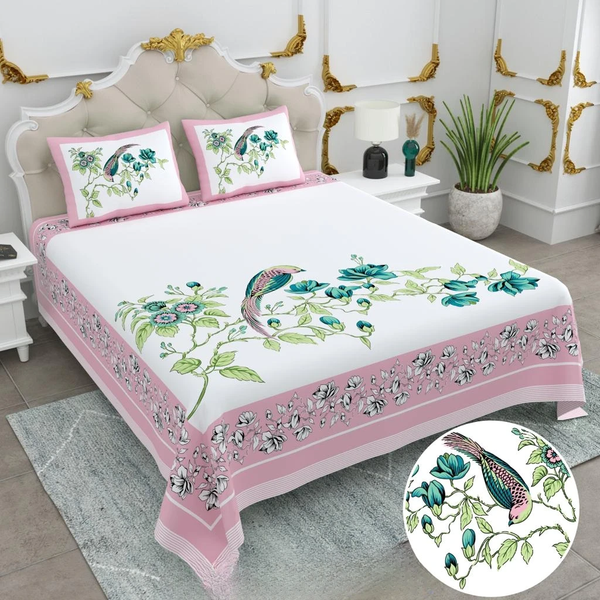 Jaipuri Cotton King Size Double Bed Sheet with 2 Pillow Covers – Basil Floral Print (108x108) - Jaipuri Vibes
