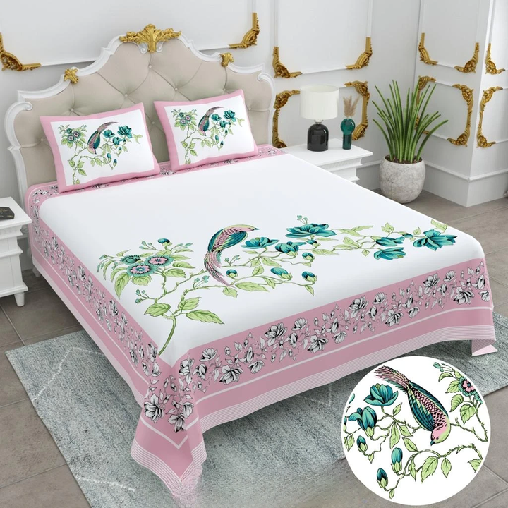 Jaipuri Cotton King Size Double Bed Sheet with 2 Pillow Covers – Basil Floral Print (108x108) - Jaipuri Vibes