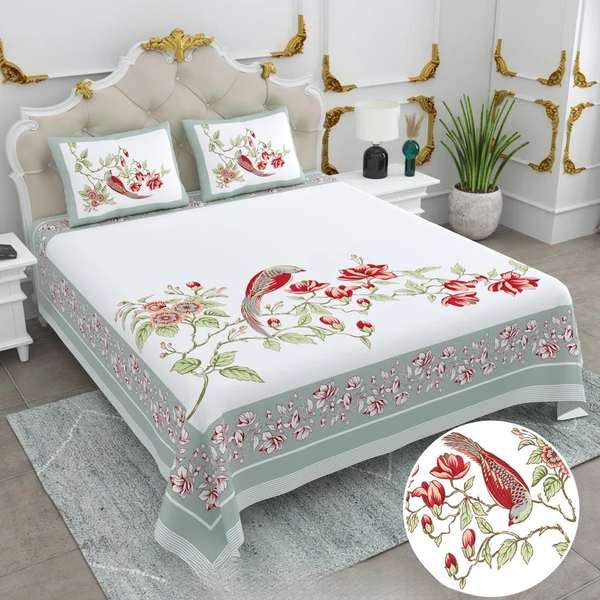 Jaipuri Cotton King Size Double Bed Sheet with 2 Pillow Covers – Basil Floral Print (108x108) - Jaipuri Vibes