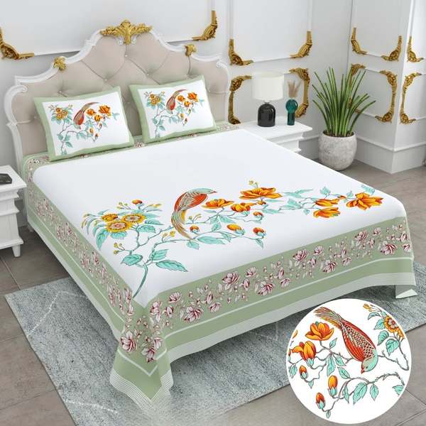 Jaipuri Cotton King Size Double Bed Sheet with 2 Pillow Covers – Basil Floral Print (108x108) - Jaipuri Vibes