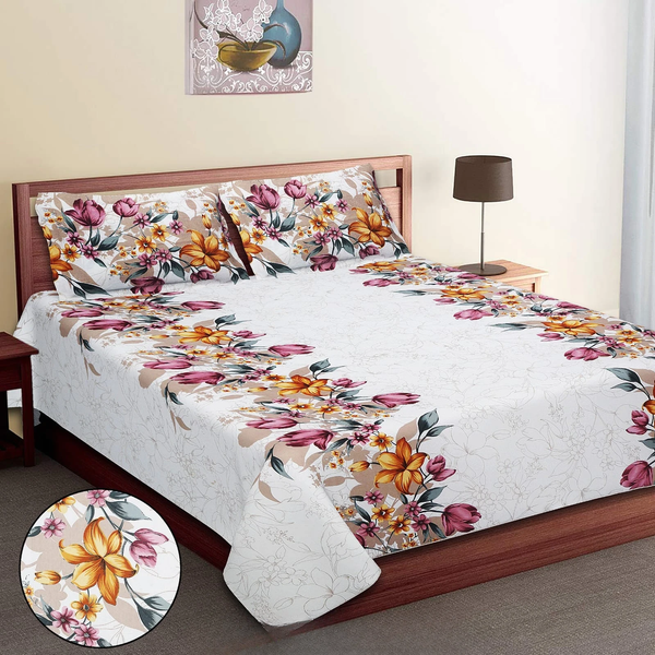 Jaipuri Cotton King Size Double Bed Sheet with 2 Pillow Covers – Basil Floral Print (108x108) - Jaipuri Vibes