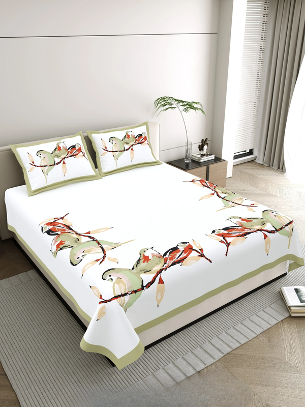 Jaipuri Cotton King Size Double Bed Sheet with 2 Pillow Covers – Basil Floral Print (108x108) - Jaipuri Vibes