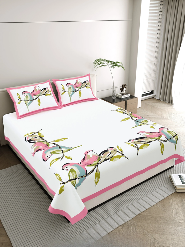 Jaipuri Cotton King Size Double Bed Sheet with 2 Pillow Covers – Basil Floral Print (108x108) - Jaipuri Vibes