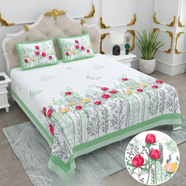 Jaipuri Cotton King Size Double Bed Sheet with 2 Pillow Covers – Basil Floral Print (108x108) - Jaipuri Vibes