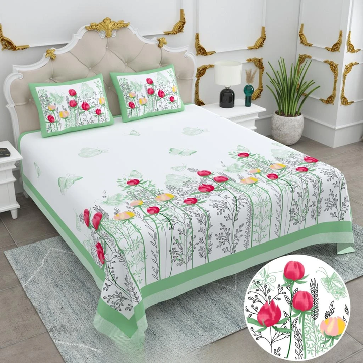 Jaipuri Cotton King Size Double Bed Sheet with 2 Pillow Covers – Basil Floral Print (108x108) - Jaipuri Vibes