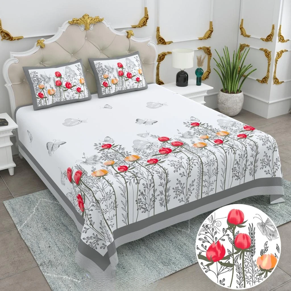 Jaipuri Cotton King Size Double Bed Sheet with 2 Pillow Covers – Basil Floral Print (108x108) - Jaipuri Vibes