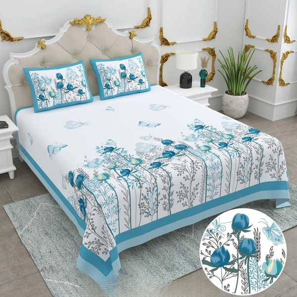 Jaipuri Cotton King Size Double Bed Sheet with 2 Pillow Covers – Basil Floral Print (108x108) - Jaipuri Vibes