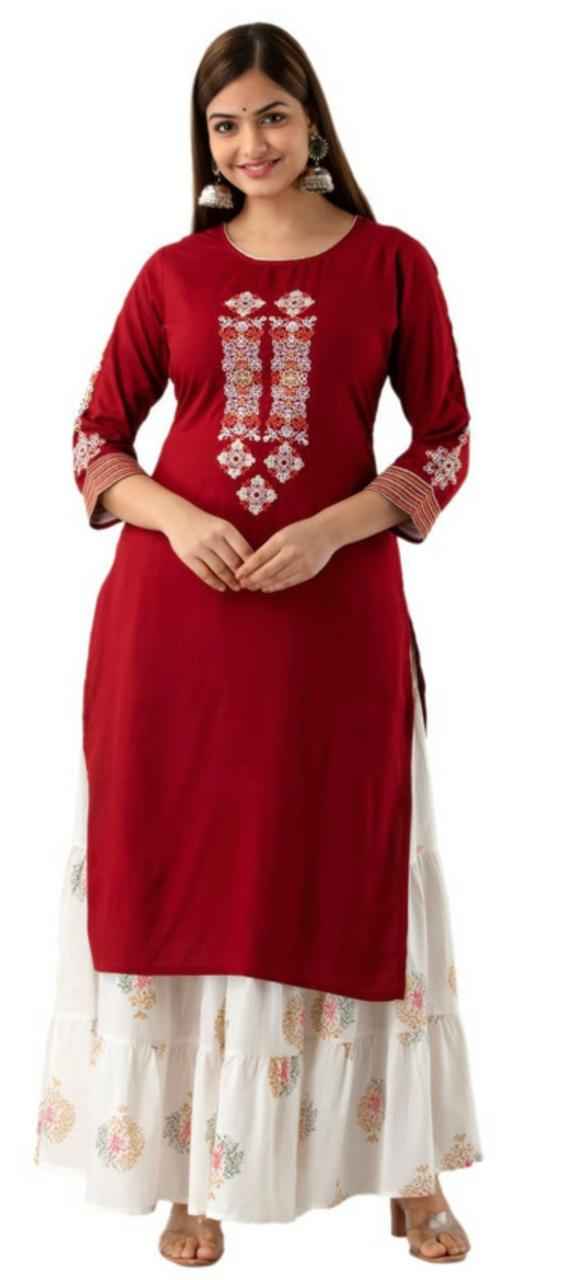 Beautiful Red Rayon Kurta with White Printed Skirt | Elegant Neck & Sleeve Work
