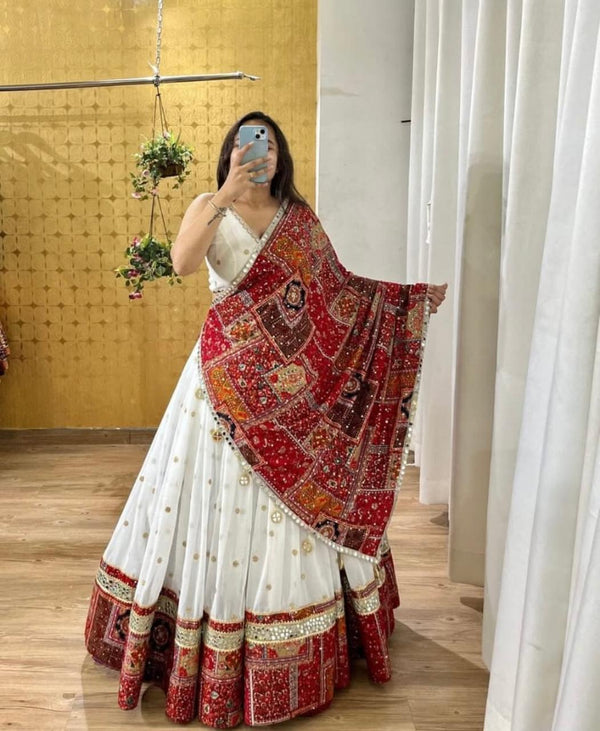 White Designer Lehenga Choli with Heavy Red Embroidered Dupatta – Festive Wear