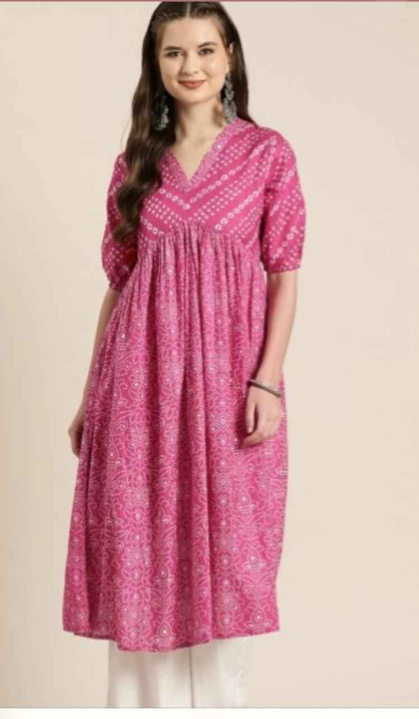 Bandhani Pink Flared Kurti | Daily Wear Comfort Cotton Kurta for Women