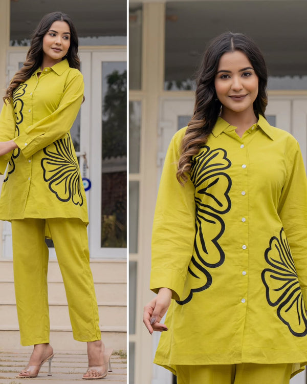 Yellow Cotton Cord Set with Exquisite Embroidery | Stylish One-Side Pocket