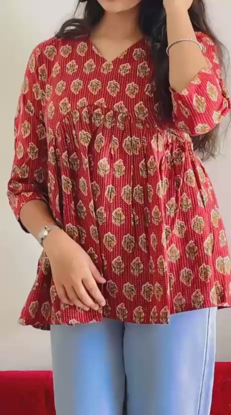 Katha Pleated Red Short Kurti | Pure Cotton Stylish Daily Wear